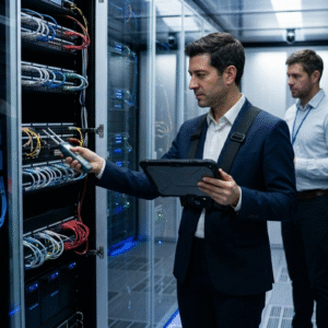 A man checking hardware on a server rack