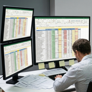 A man at his desk with spreadsheets up across computer screens