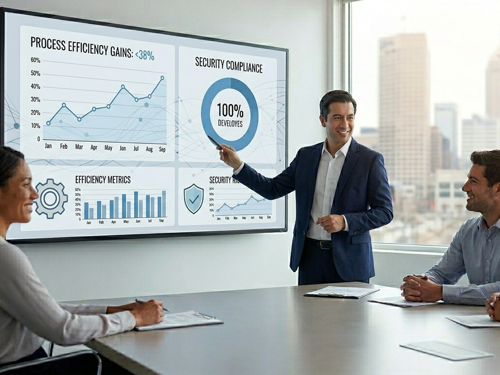 A man presenting performance charts to people in a boardroom