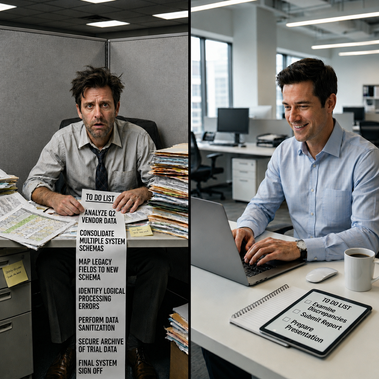 Before/After photo with an image on the left of a man grimacing while he holds a long todo list which stretches to the floor, while the right image shows a calm man with a much shorter todo list on his desk.