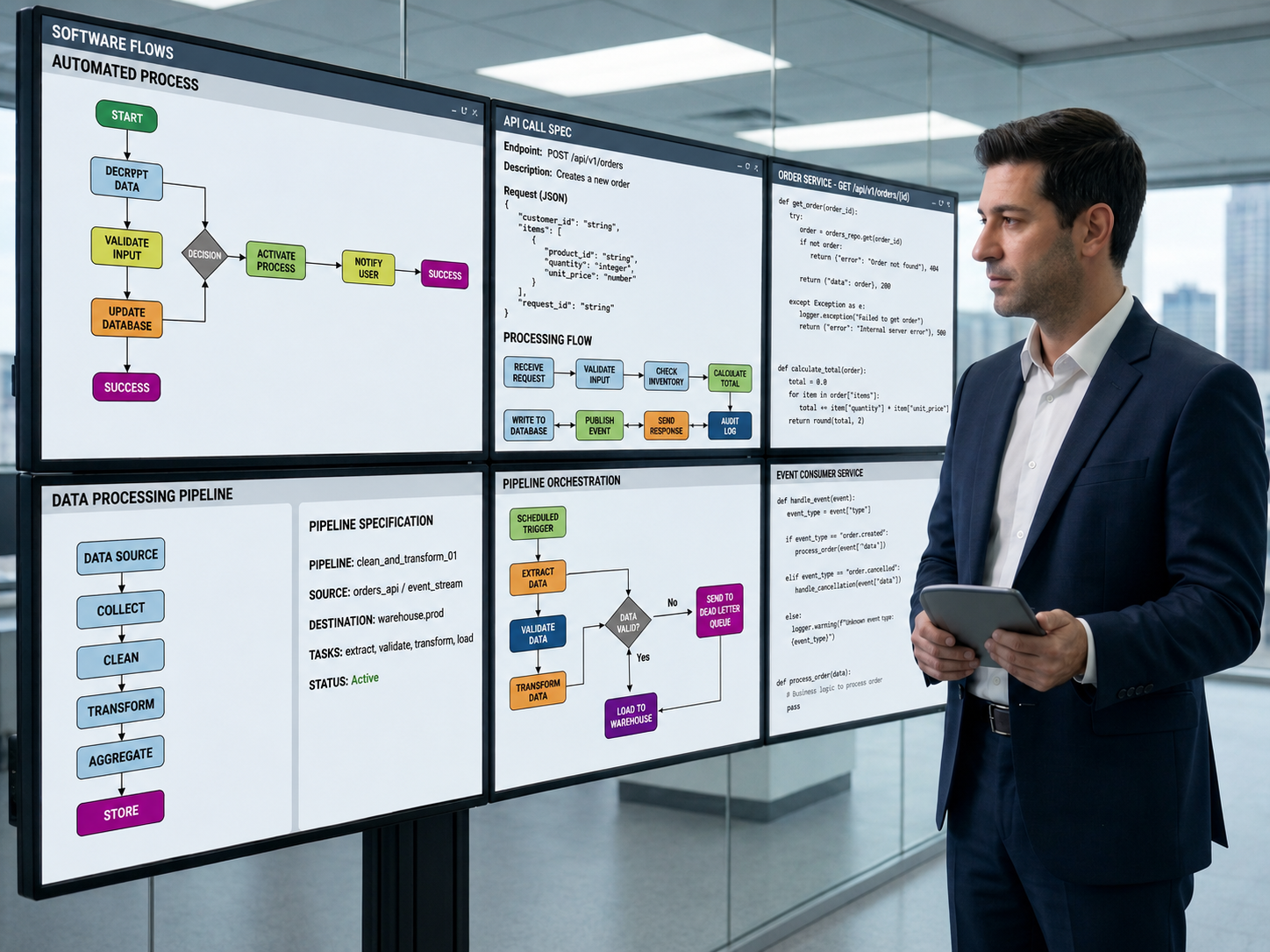 A man looking at flowcharts and pseudocode across screens.